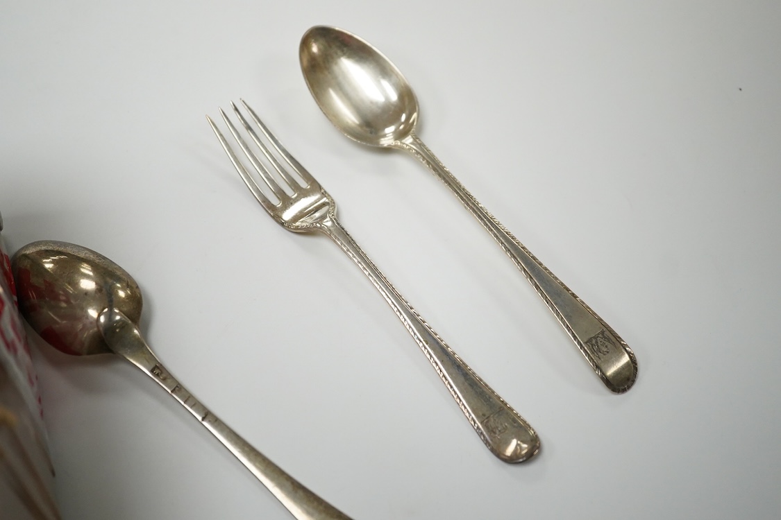 A part canteen of Victorian silver Old English pattern feather edge flatware, by George Adams, comprising twelve table forks, nine dessert forks and nine dessert spoons, London, 1861, together with ten earlier similar de